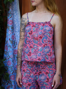 Conjunto Estilo Pijaminha - Estampa Blockprint - Rosa Flor Azul