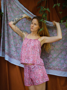 Conjunto Estilo Pijaminha - Estampa Blockprint - Rosa Flor Rosa