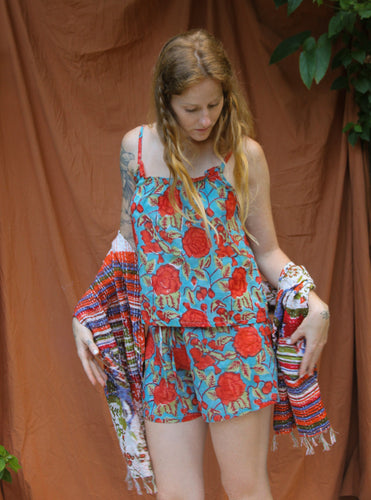 Conjunto Estilo Pijaminha - Estampa Blockprint -  Turqueza Tropical