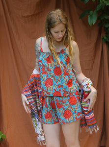 Conjunto Estilo Pijaminha - Estampa Blockprint -  Turqueza Tropical