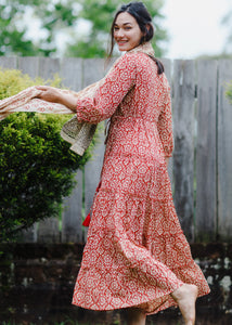 Vestido Hippie Chic - Estampa Blockprint - Vermelho