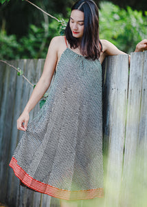 Vestido Alça Tirinha - Estampa Blockprint - Preto