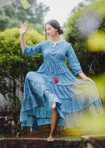 Vestido Hippie Chic - Estampa Blockprint - Azul