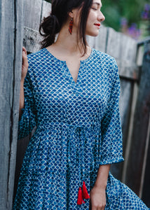 Vestido Hippie Chic - Estampa Blockprint - Azul