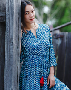 Vestido Hippie Chic - Estampa Blockprint - Azul